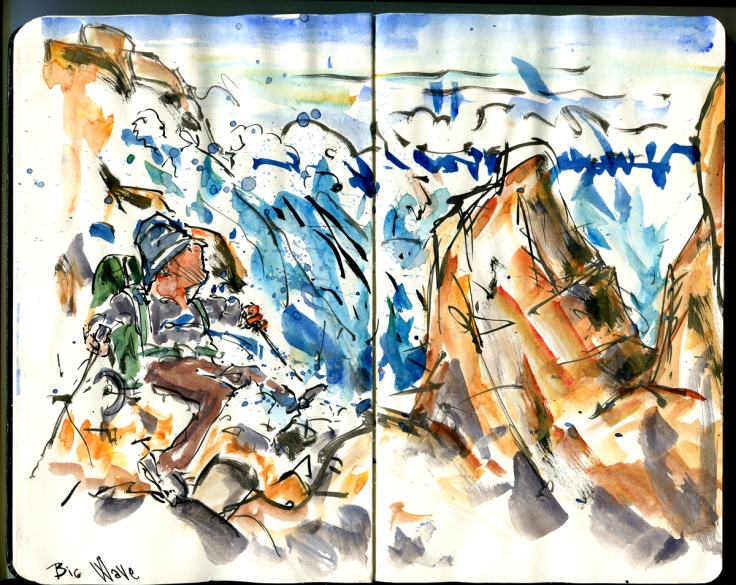 Skitse i notesbog af vandrer på Bornholm i klipper. illustration af Frits Ahlefeldt