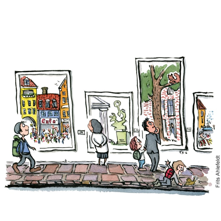 Mennesker som ser på indrammede bymotiver langs et fortorv. illustration af Frits Ahlefeldt